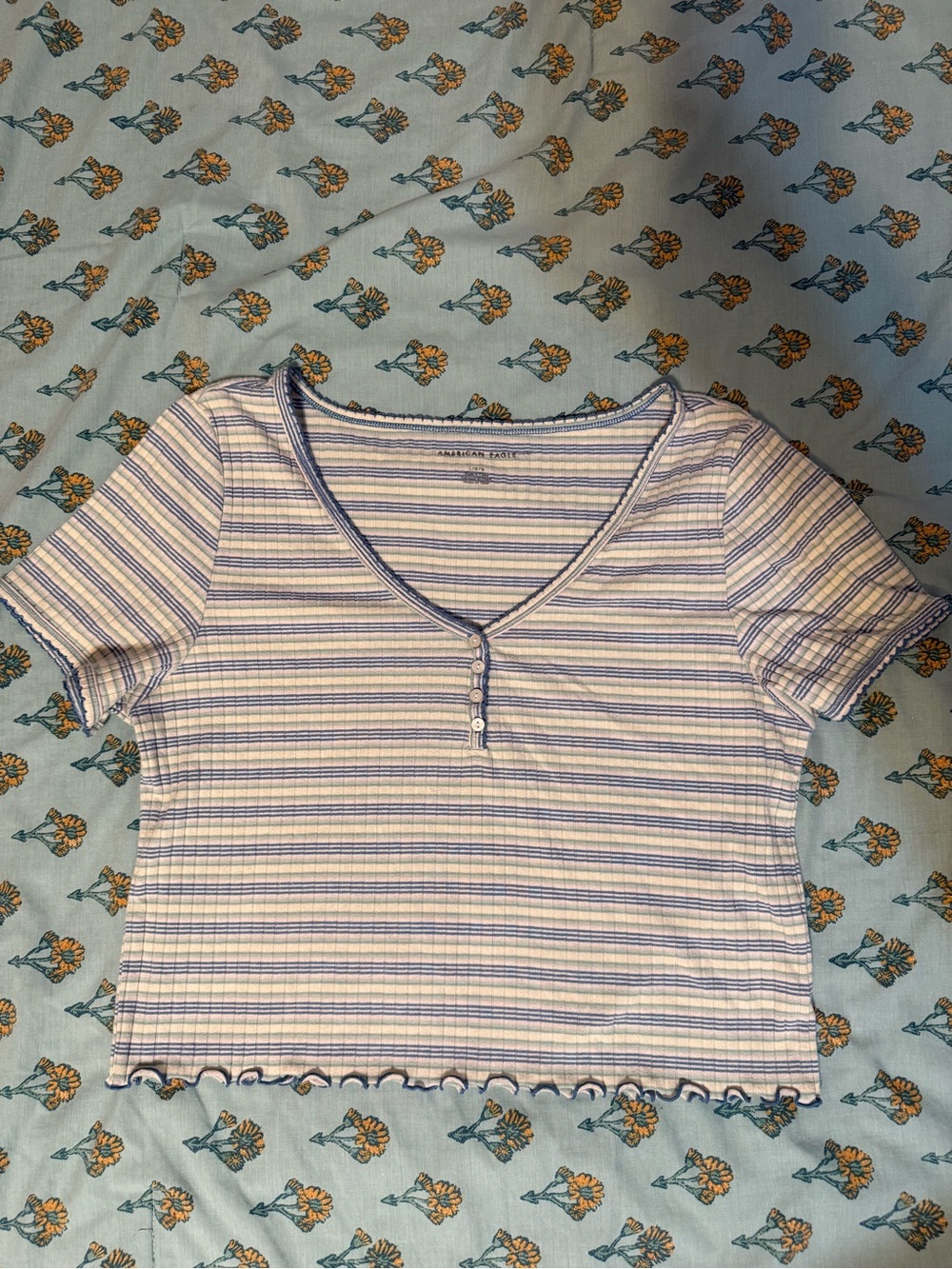 American Eagle Outfitters Blue & White Striped V‑Neck Henley Crop Top